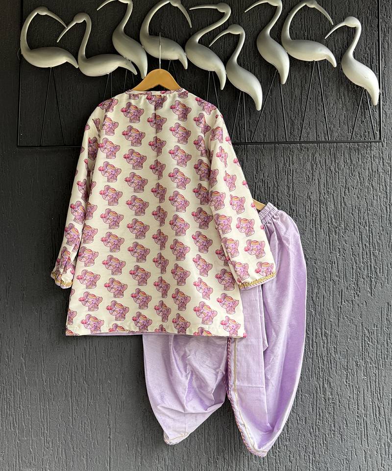 Off white purple printed cotton silk Men dhoti Kurta Set