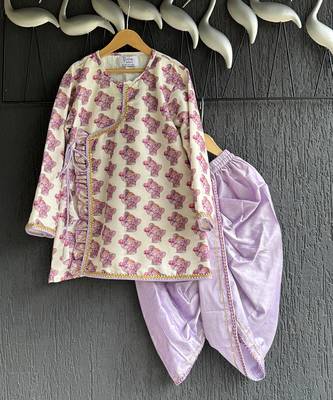 Off white purple printed cotton silk Men dhoti Kurta Set 5