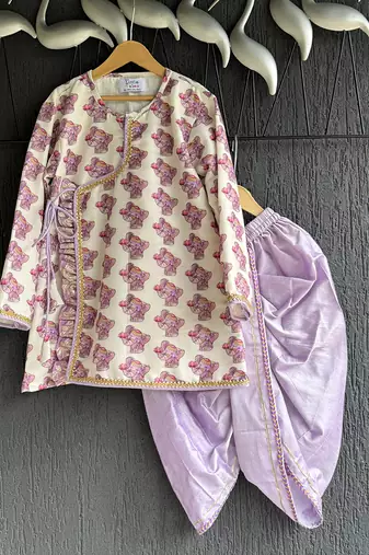Off white purple printed cotton silk Men dhoti Kurta Set