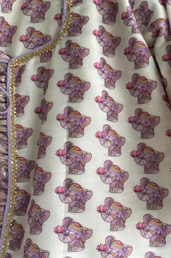 Off white purple printed cotton silk Men dhoti Kurta Set