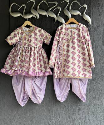 Off white purple printed cotton silk Men dhoti Kurta Set 10