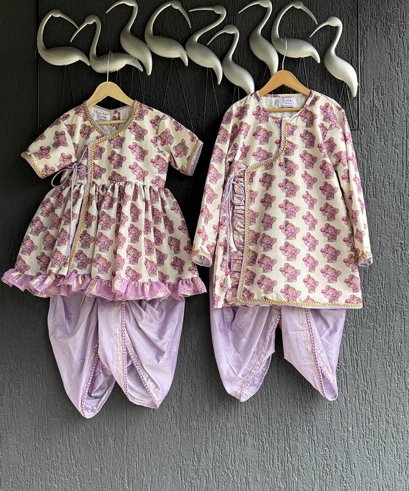 Off white purple printed cotton silk Men dhoti Kurta Set