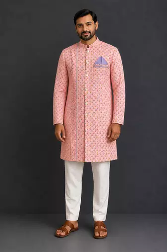 Peach pink printed cotton silk Men Kurta Set