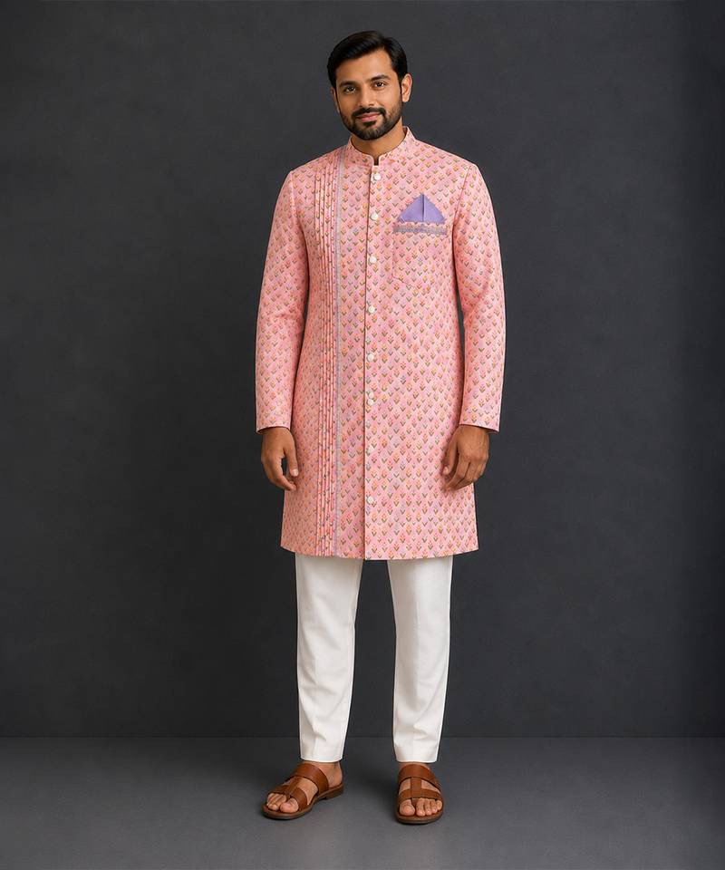 Peach pink printed cotton silk Men Kurta Set