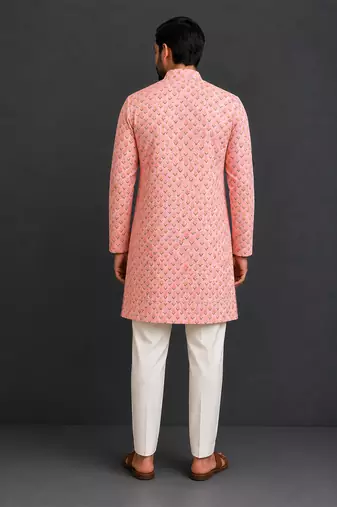 Peach pink printed cotton silk Men Kurta Set