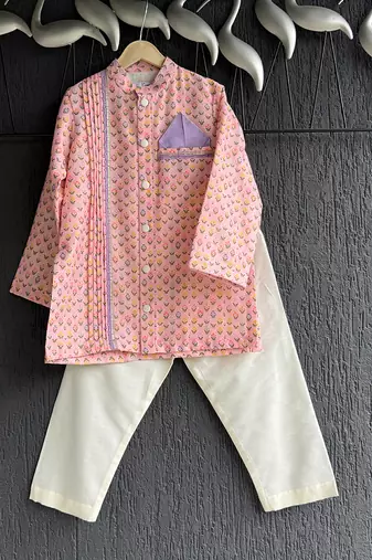 Peach pink printed cotton silk Men Kurta Set