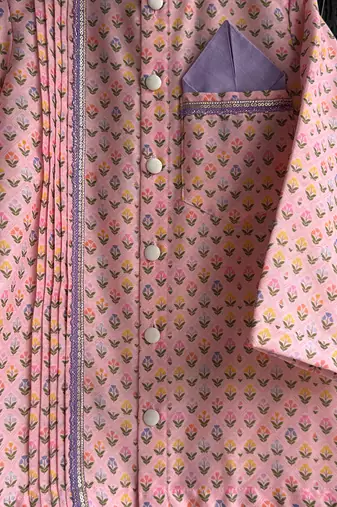 Peach pink printed cotton silk Men Kurta Set