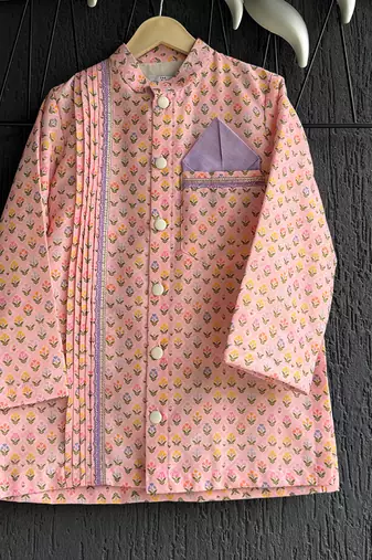 Peach pink printed cotton silk Men Kurta Set