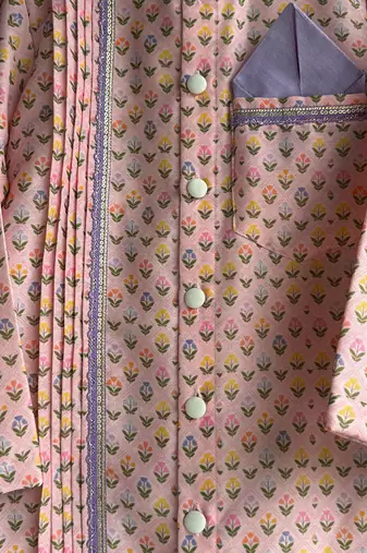 Peach pink printed cotton silk Men Kurta Set