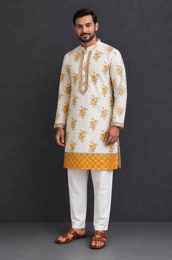 off white floral printed cotton silk men kurta set
