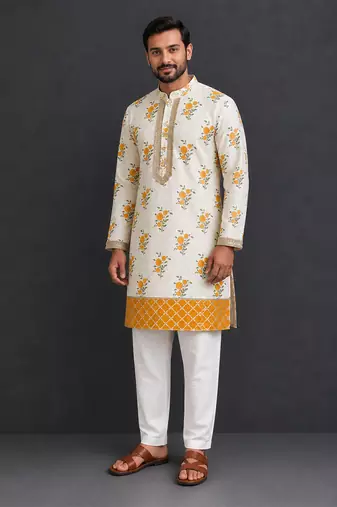 off white floral printed cotton silk men kurta set
