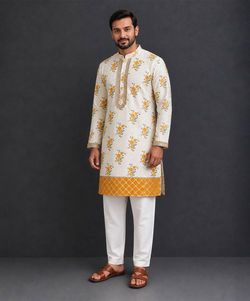 off white floral printed cotton silk men kurta set