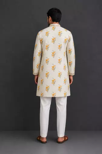 off white floral printed cotton silk men kurta set