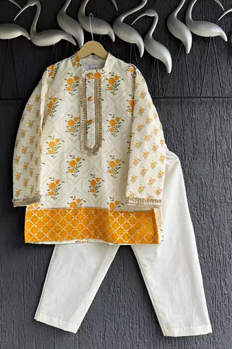 off white floral printed cotton silk men kurta set