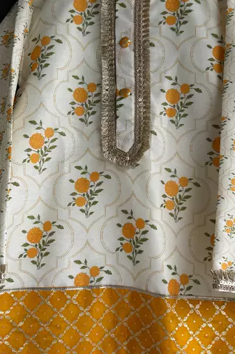 off white floral printed cotton silk men kurta set