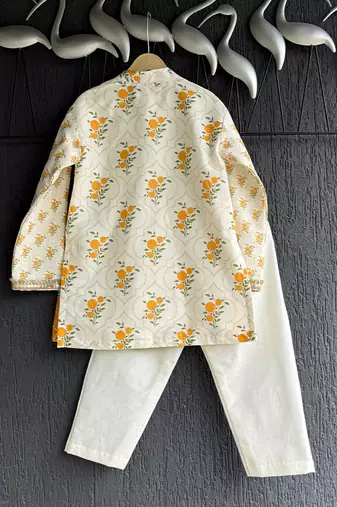 off white floral printed cotton silk men kurta set