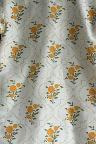 off white floral printed cotton silk men kurta set