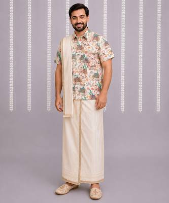 off white cotton silk mundu shirt set 1