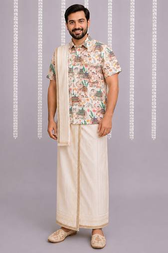 off white cotton silk mundu shirt set