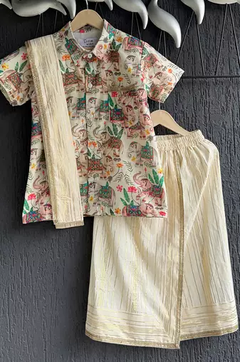 off white cotton silk mundu shirt set