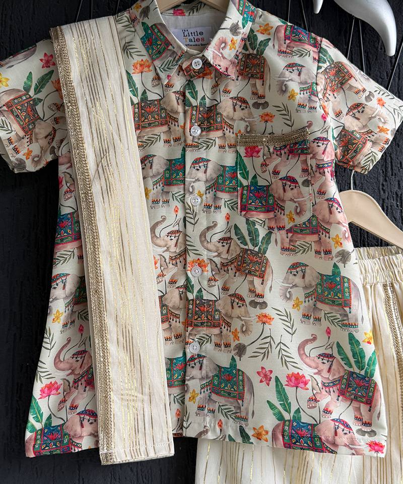off white cotton silk mundu shirt set