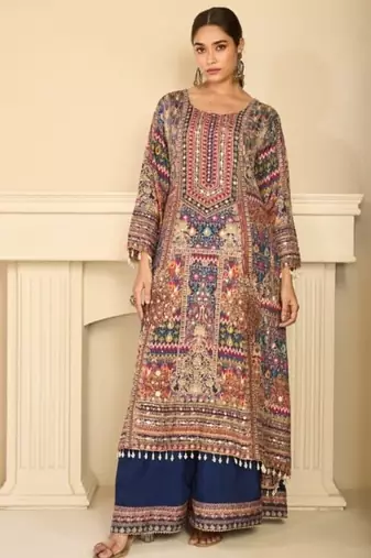 Blue crepe silk digital print suits full stitched free size upto 44