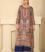 Blue crepe silk digital print suits full stitched free size upto 44