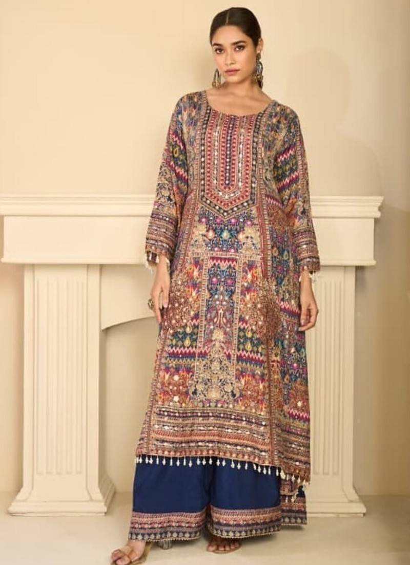 Blue crepe silk digital print suits full stitched free size upto 44