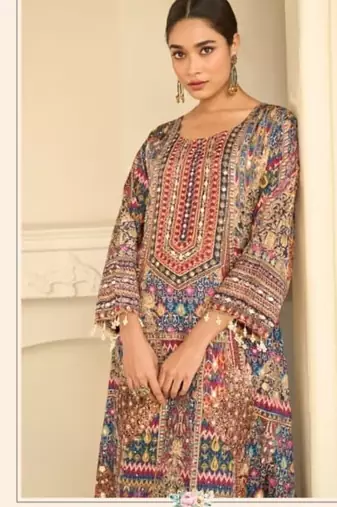 Blue crepe silk digital print suits full stitched free size upto 44