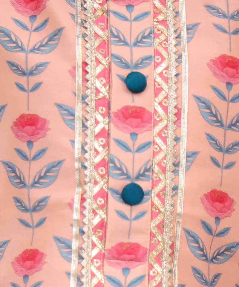 Peach pink printed cotton silk kurta set