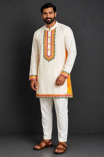 off white embroidered cotton silk men kurta set