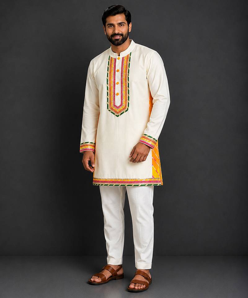 off white embroidered cotton silk men kurta set