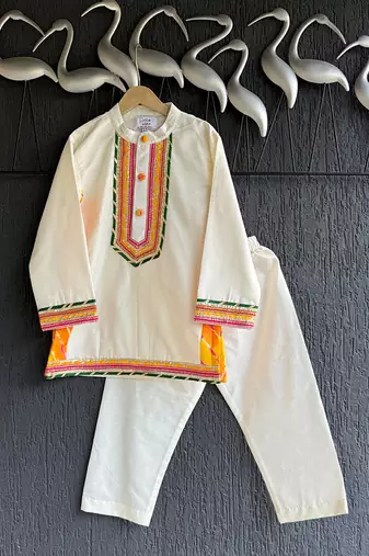 off white embroidered cotton silk men kurta set