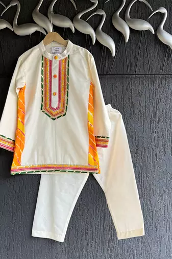 off white embroidered cotton silk men kurta set