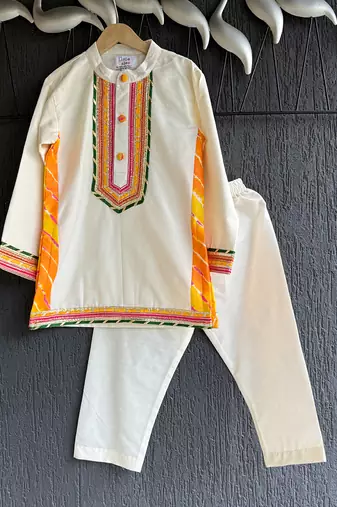 off white embroidered cotton silk men kurta set