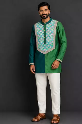 bottle green printed cotton silk men kurta set