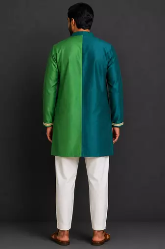 bottle green printed cotton silk men kurta set