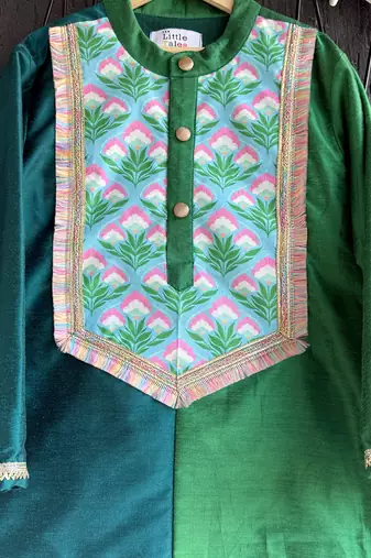 bottle green printed cotton silk men kurta set