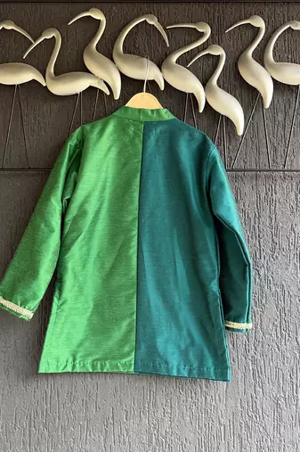 bottle green printed cotton silk men kurta set