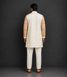 Off white yellow printed cotton silk Men Kurta Set
