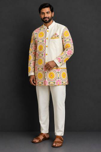 Off white yellow printed cotton silk Men Kurta Set