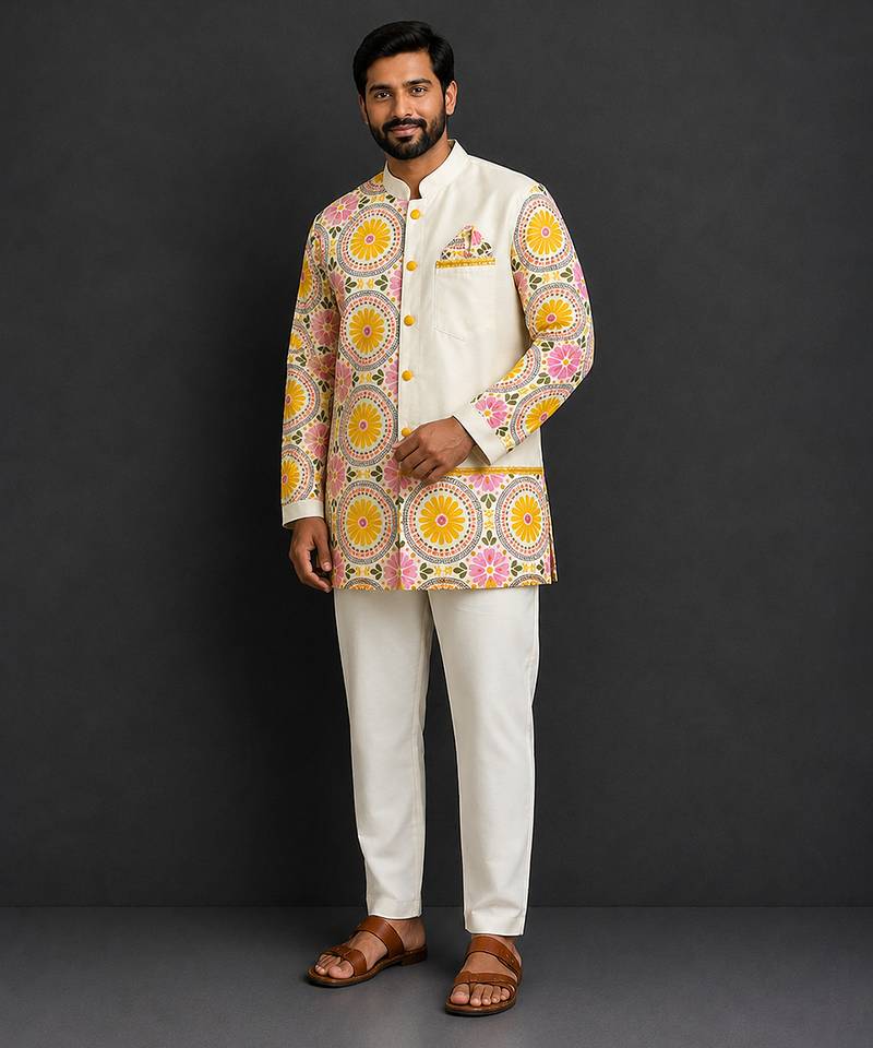 Off white yellow printed cotton silk Men Kurta Set