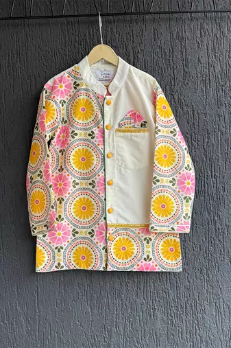 Off white yellow printed cotton silk Men Kurta Set