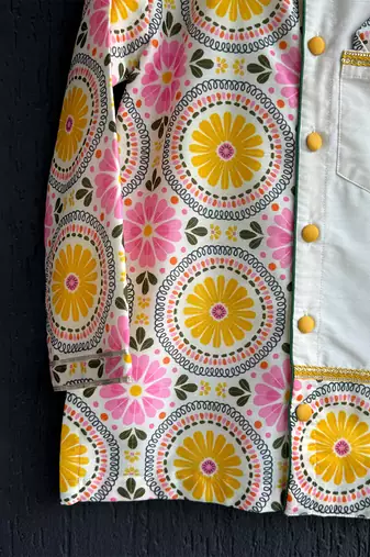 Off white yellow printed cotton silk Men Kurta Set
