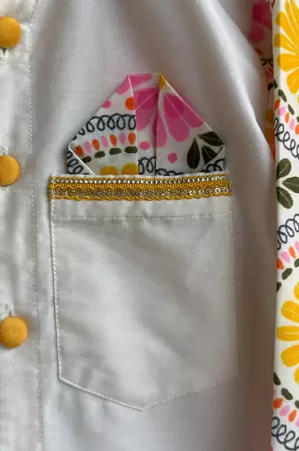 Off white yellow printed cotton silk Men Kurta Set