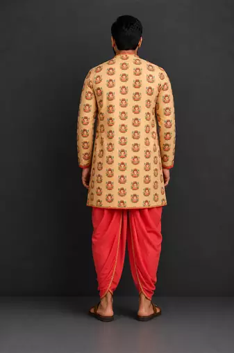 Gold printed cotton silk Men dhoti Kurta Set