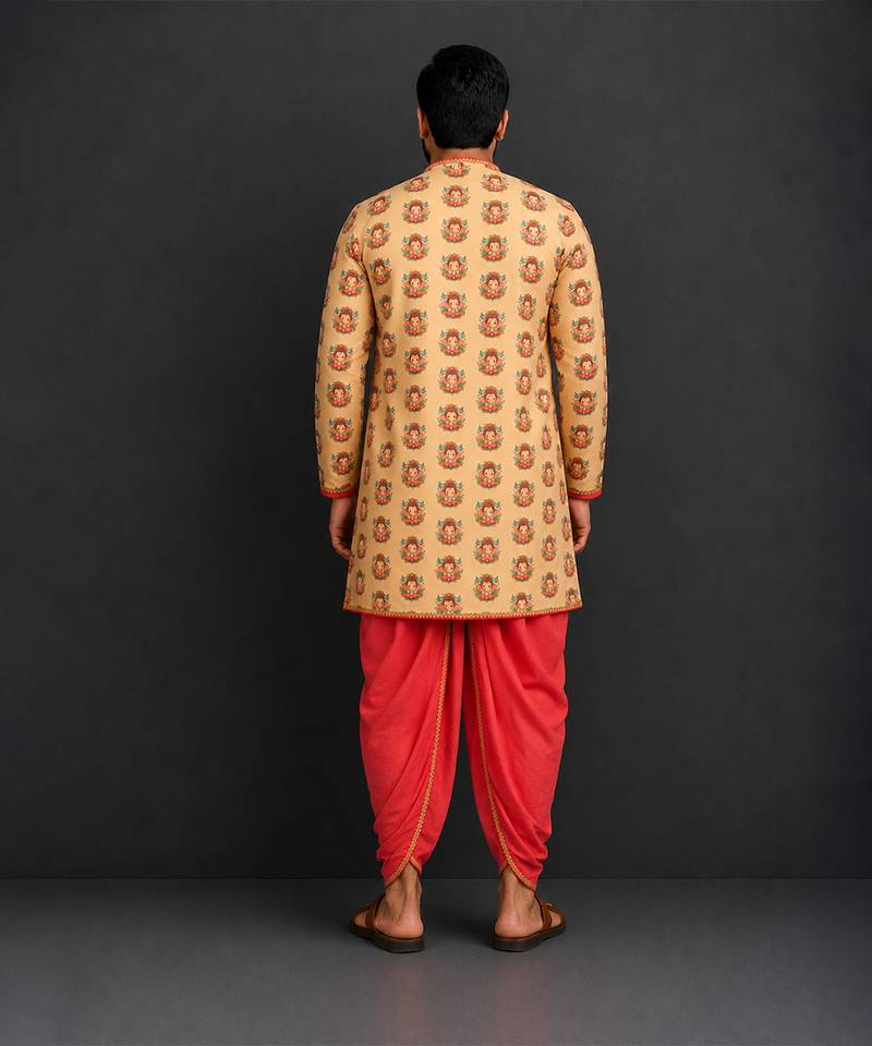 Gold printed cotton silk Men dhoti Kurta Set