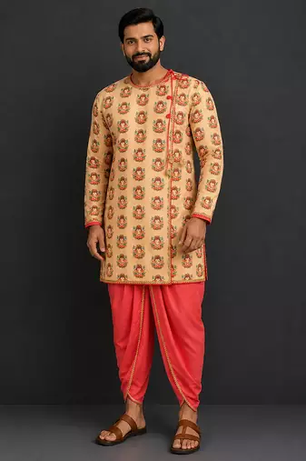 Gold printed cotton silk Men dhoti Kurta Set