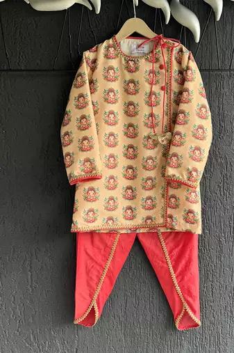 Gold printed cotton silk Men dhoti Kurta Set