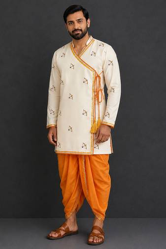 ivory white printed cotton silk men dhoti kurta set